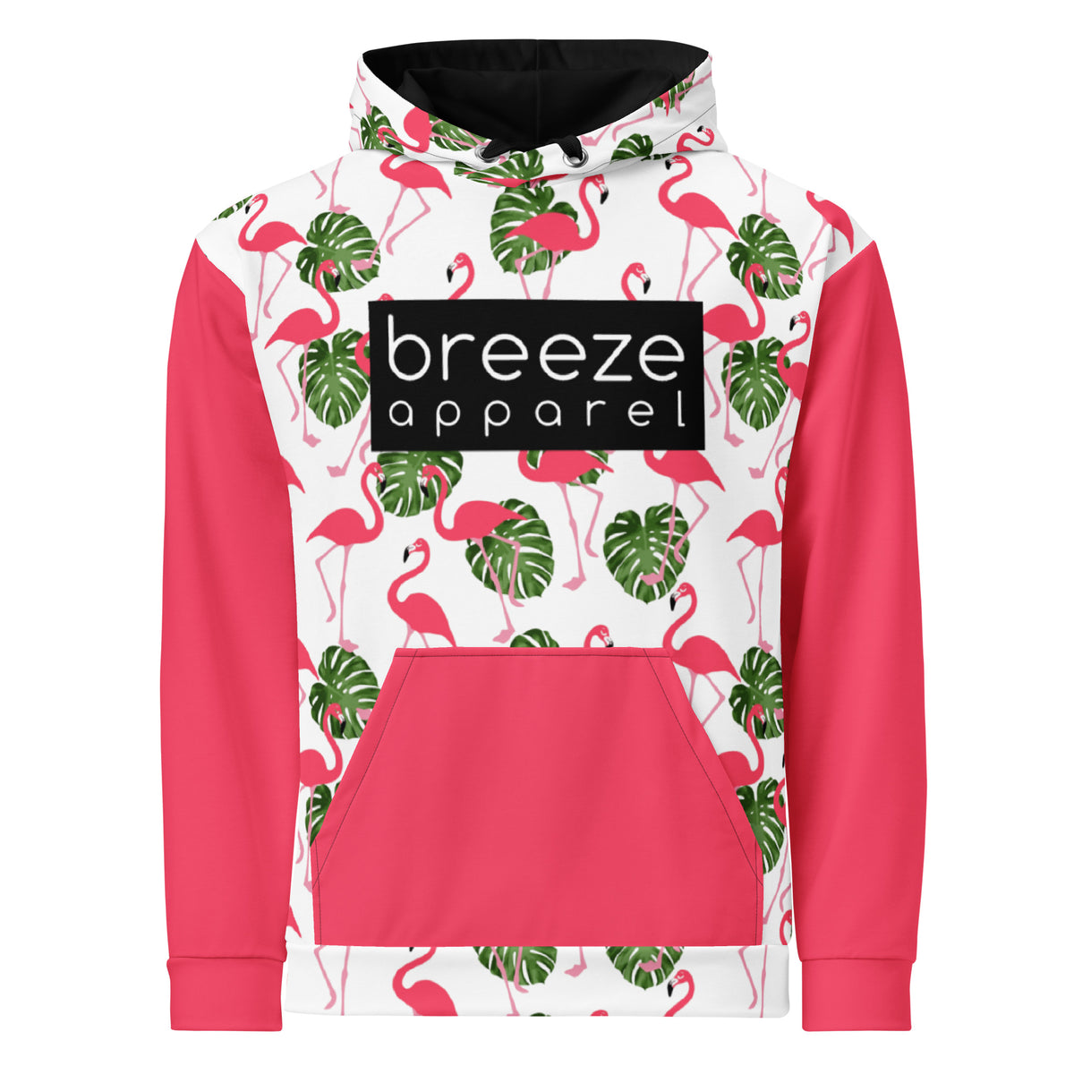 Hoodie with an all-over flamingo design set on a white background, with a pink pocket and sleeves, black drawstrings tucked into front, and a 'breeze apparel' logo consisting of white wording set in a black rectangle across the chest.