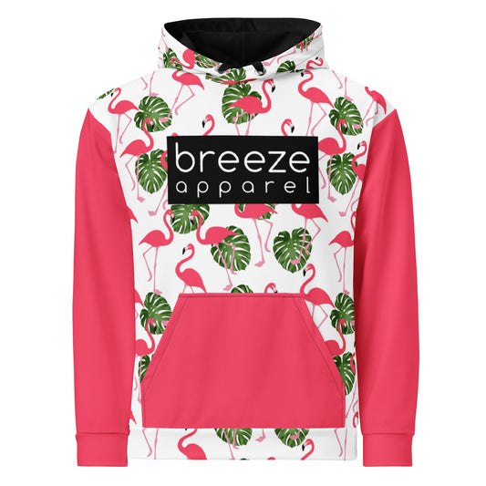 Hoodie with an all-over flamingo design set on a white background, with a pink pocket and sleeves, black drawstrings tucked into front, and a 'breeze apparel' logo consisting of white wording set in a black rectangle across the chest.