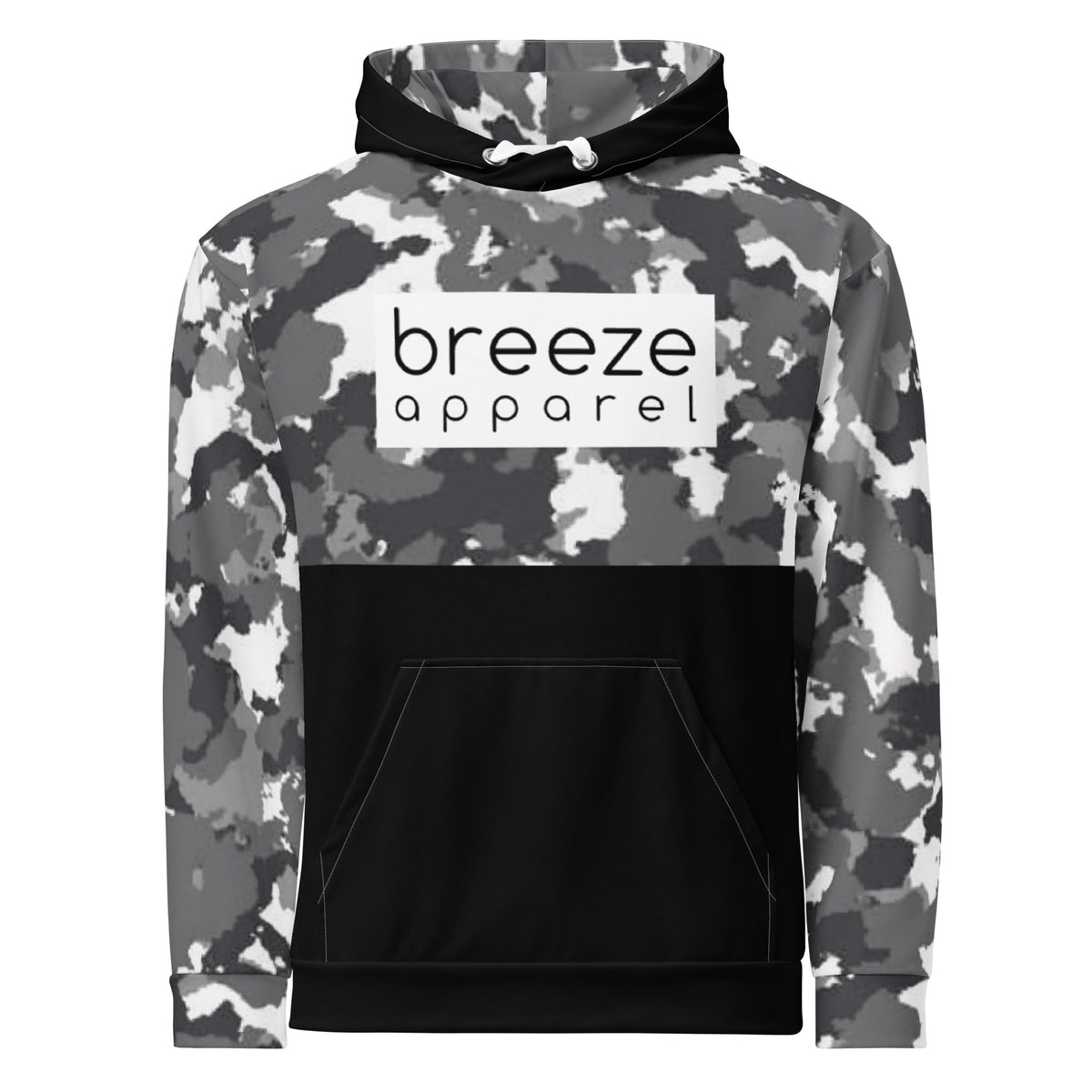 Hoodie with a black-gray-white camouflage pattern on upper half, sleeves and hood interior, with a black pocket, white drawstrings tucked inside, and a 'breeze apparel' logo consisting of black wording set in a white rectangle across the chest. Behind pocket and on outside of hood is black.