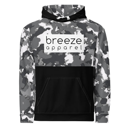 Hoodie with a black-gray-white camouflage pattern on upper half, sleeves and hood interior, with a black pocket, white drawstrings tucked inside, and a 'breeze apparel' logo consisting of black wording set in a white rectangle across the chest. Behind pocket and on outside of hood is black.