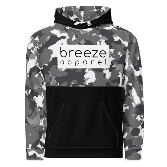 Hoodie with a black-gray-white camouflage pattern on upper half, sleeves and hood interior, with a black pocket, white drawstrings tucked inside, and a 'breeze apparel' logo consisting of black wording set in a white rectangle across the chest. Behind pocket and on outside of hood is black.
