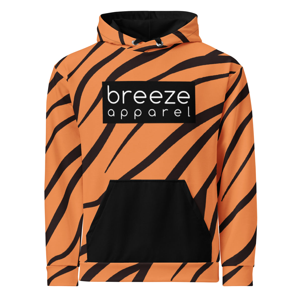 Hoodie with a tiger-fur design, with a black pocket, black drawstrings, and a 'breeze apparel' logo consisting of white wording set in a black rectangle across the chest.