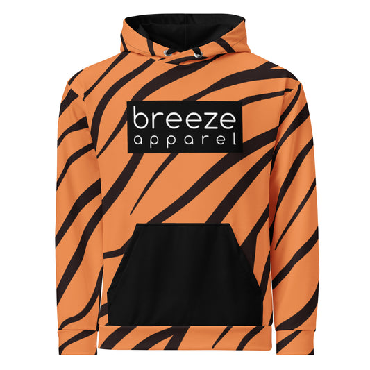 Hoodie with a tiger-fur design, with a black pocket, black drawstrings, and a 'breeze apparel' logo consisting of white wording set in a black rectangle across the chest.