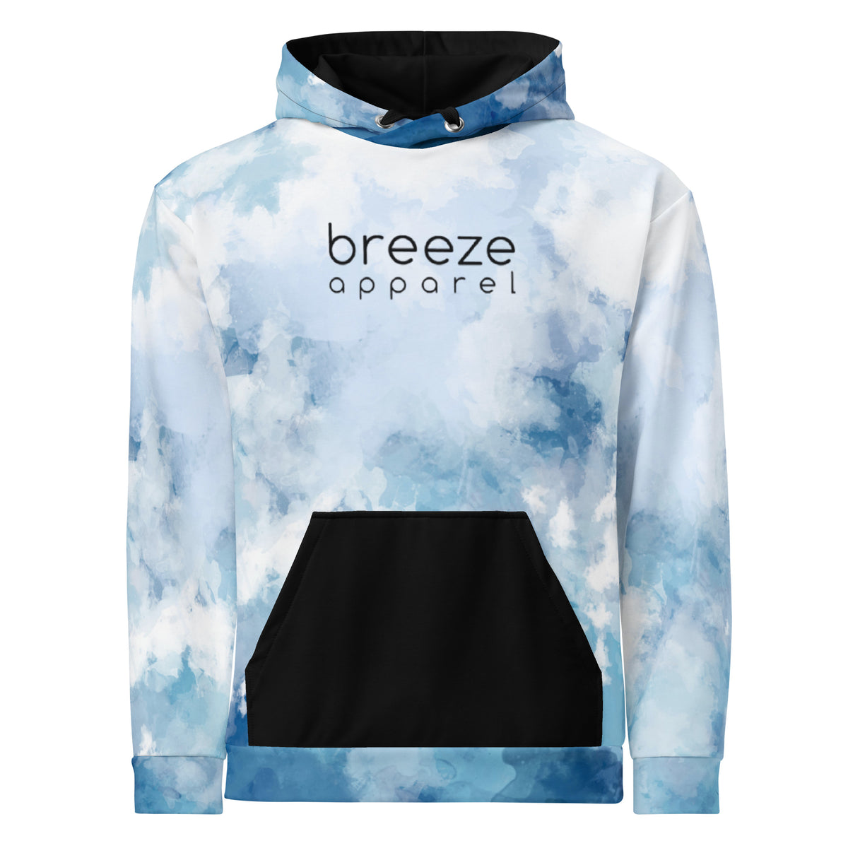 Hoodie with a blue watercolor-style design, black pocket, black drawstrings, and a black 'breeze apparel' logo on the chest.