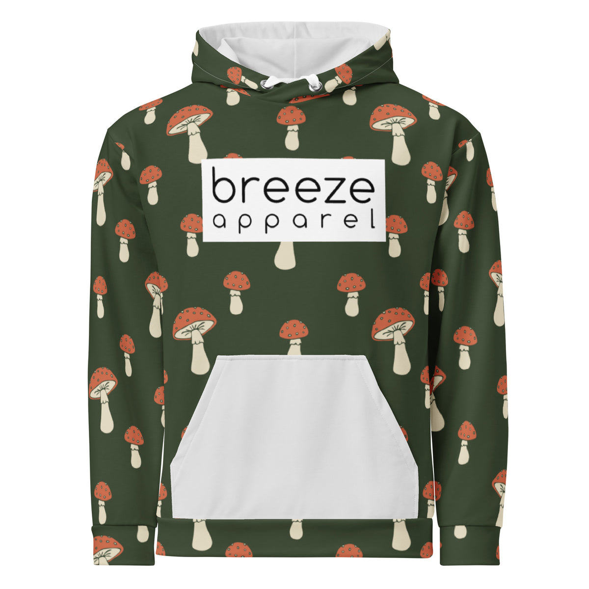 Forest-green hoodie with all-over mushroom pattern. Hoodie interior and pocket are light gray; drawstrings are white. A white rectangle with 'breeze apparel' written in black is across the chest.