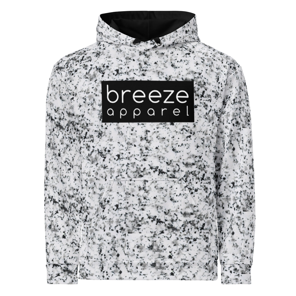 White hoodie with black splotches, resembling a marble countertop. Across the chest is a black rectangle with 'breeze apparel' written in white. Drawstrings and hood interior are black.