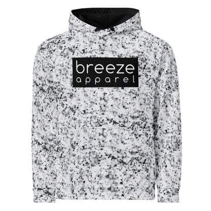 White hoodie with black splotches, resembling a marble countertop. Across the chest is a black rectangle with 'breeze apparel' written in white. Drawstrings and hood interior are black.