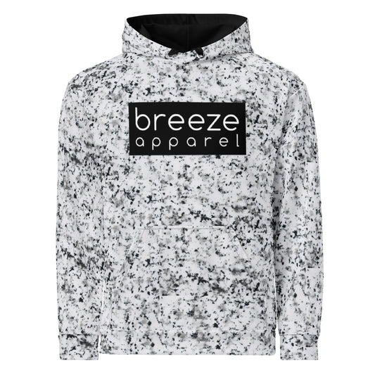 White hoodie with black splotches, resembling a marble countertop. Across the chest is a black rectangle with 'breeze apparel' written in white. Drawstrings and hood interior are black.