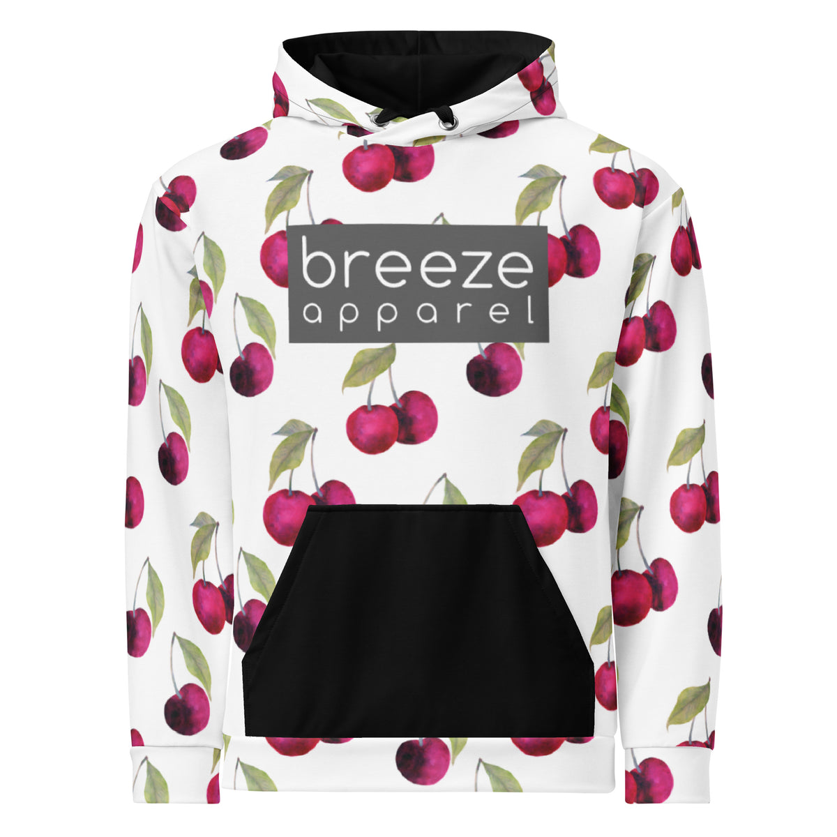 White hoodie with an all-over cherries design. Across the chest is a gray rectangle with 'breeze apparel' in white inside. Hood interior, drawstrings, and pocket are black.
