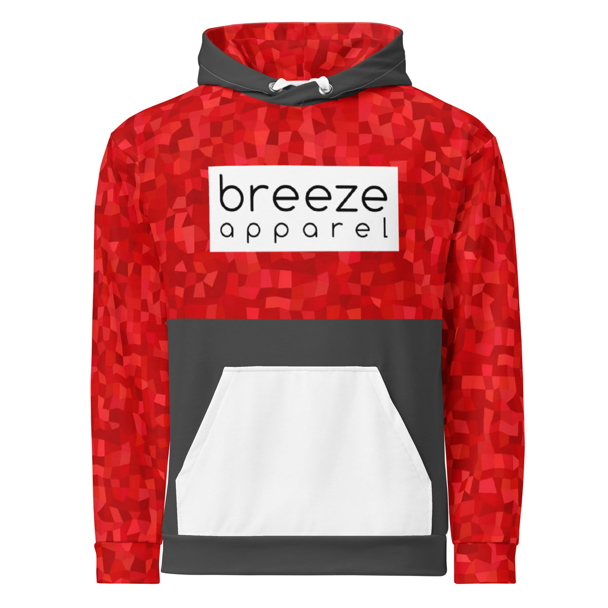 Hoodie with a red geometric pattern on upper half, sleeves and hood interior, with a white pocket, white drawstrings tucked inside, and a 'breeze apparel' logo consisting of black wording set in a white rectangle across the chest. Behind pocket and on outside of hood is dark gray.