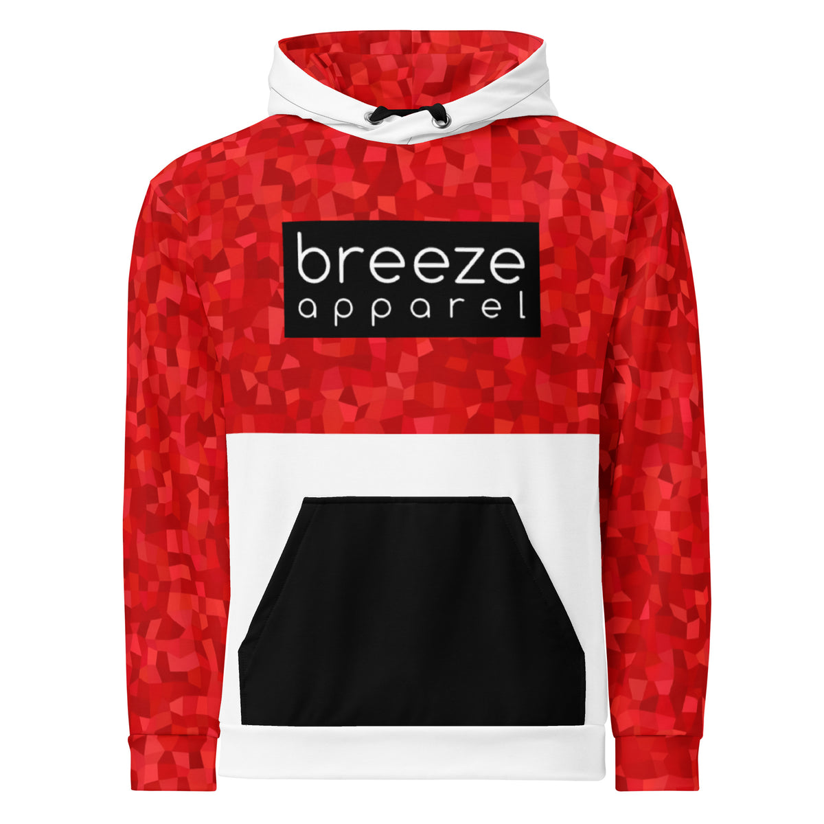 Hoodie with a red geometric pattern on upper half, sleeves and hood interior, with a black pocket, black drawstrings tucked inside, and a 'breeze apparel' logo consisting of white wording set in a black rectangle across the chest. Behind pocket and on outside of hood is white.