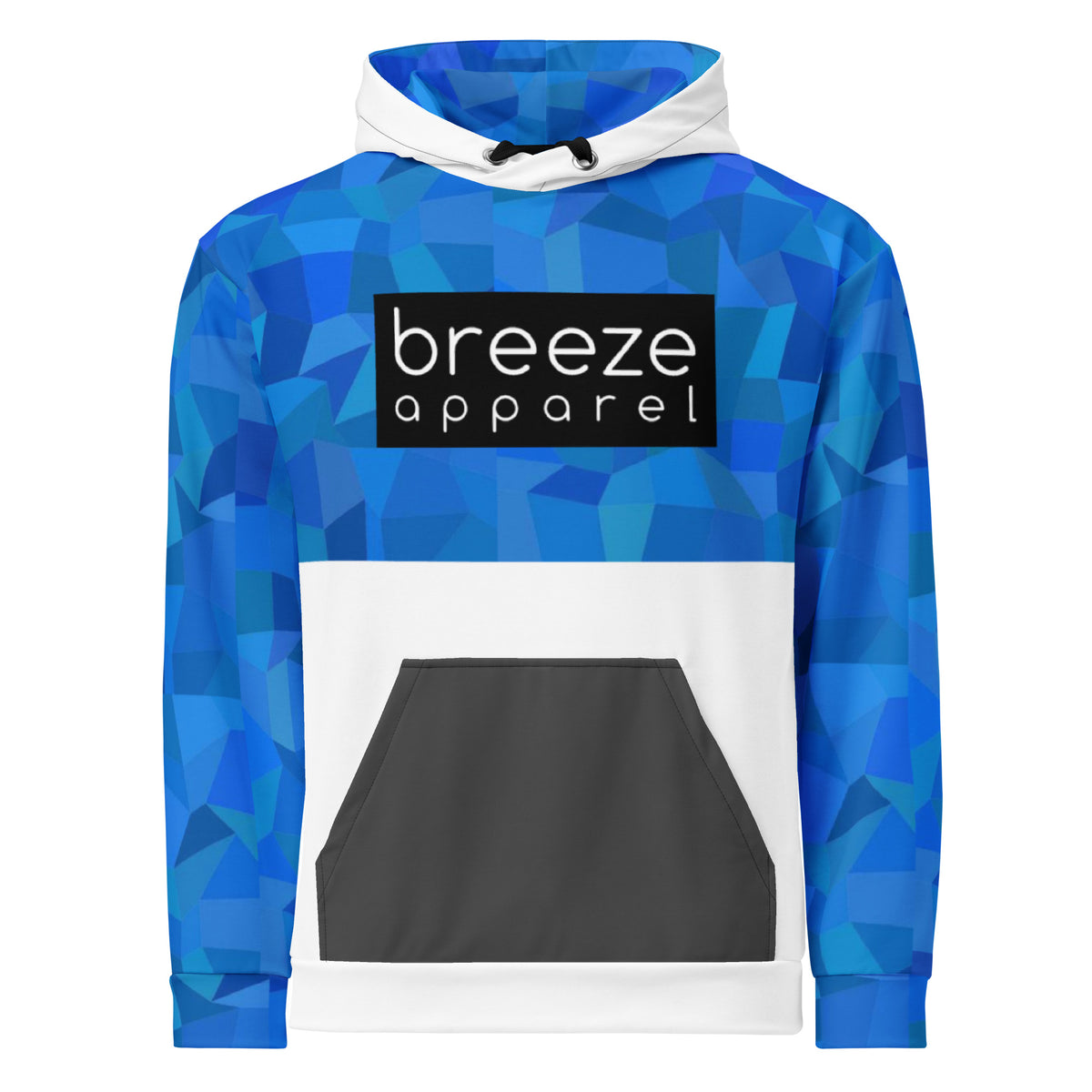 Hoodie with blue geometric pattern on top half, hood interior, and sleeves, a black box with 'breeze apparel' in white inside across chest, a dark-gray pocket. Drawstrings are black, while hood and bottom half are white.