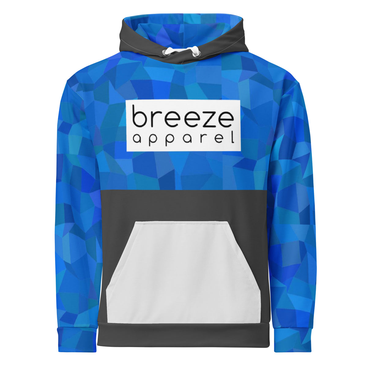 Hoodie with blue geometric pattern on top half, hood interior, and sleeves, a white box with 'breeze apparel' in black inside across chest, a light-gray pocket. Drawstrings are white, while hood and bottom half are dark gray.