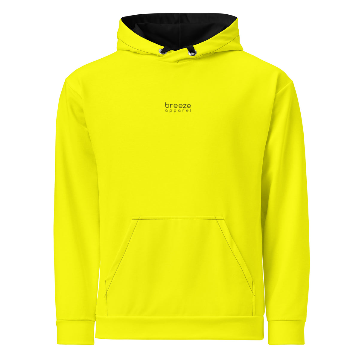 Front of yellow hoodie. On the chest is 'breeze apparel' written in small, black font. Hood interior and drawstrings are black.