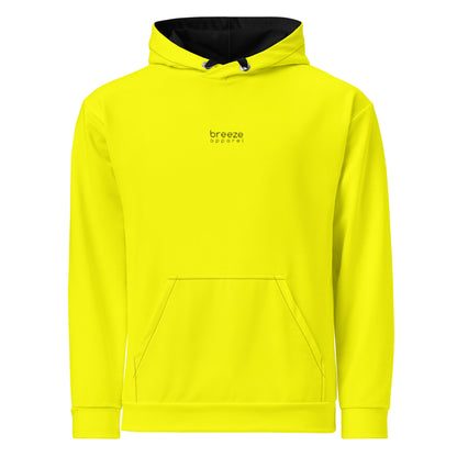 Front of yellow hoodie. On the chest is 'breeze apparel' written in small, black font. Hood interior and drawstrings are black.