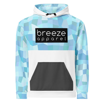 Hoodie with cyan geometric pattern on upper half, sleeves, and hood interior. Pocket is dark gray. Drawstrings are black. Across the chest is a black box with 'breeze apparel' in white inside. Rest of hoodie is white.