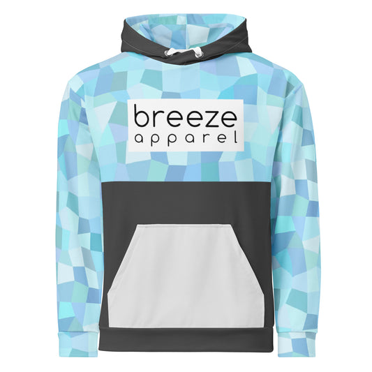 Hoodie with cyan geometric pattern on upper half, sleeves, and hood interior. Pocket is light gray. Drawstrings are white. Across the chest is a white box with 'breeze apparel' in black inside. Rest of hoodie is dark gray.