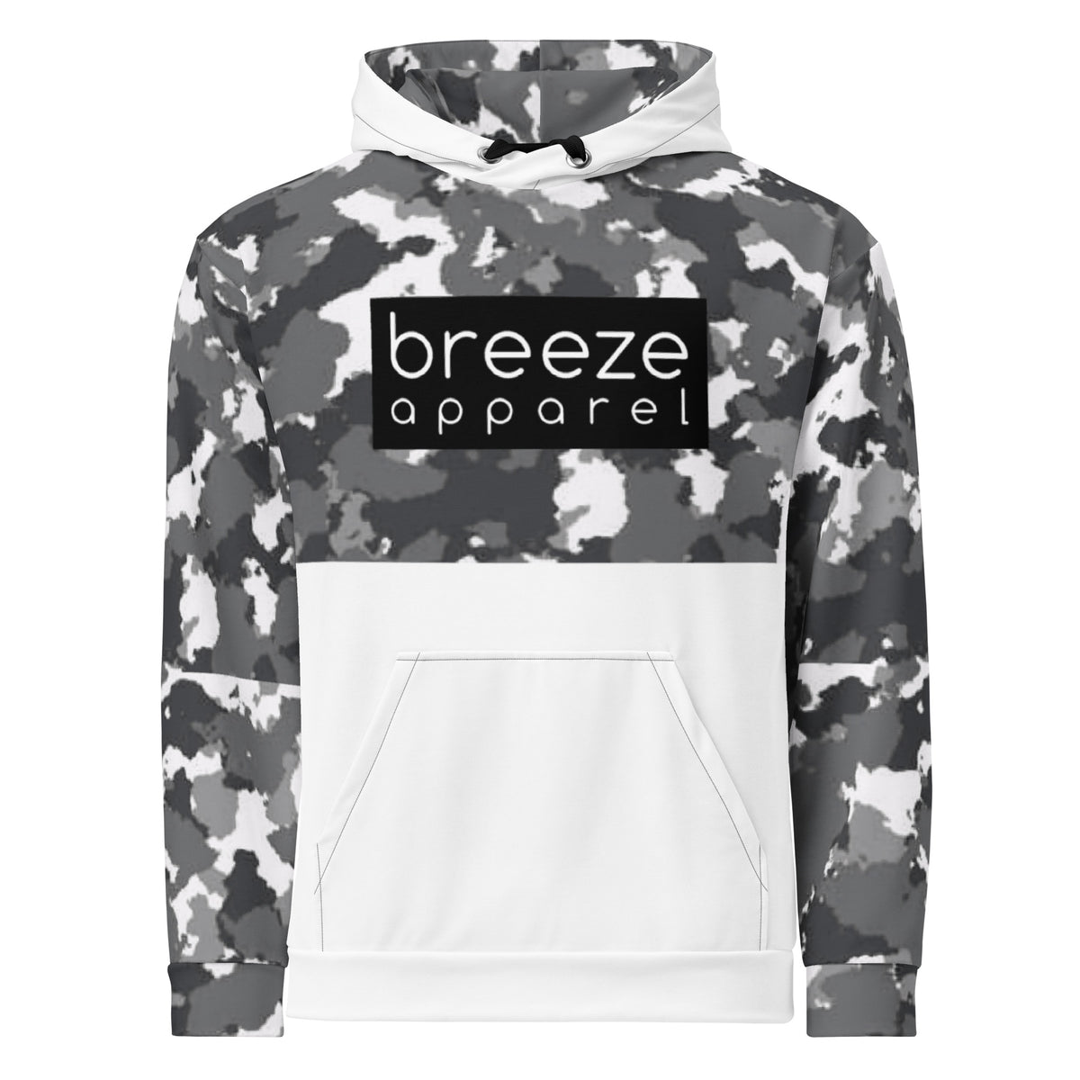 Hoodie with a black-gray-white camouflage pattern on upper half, sleeves and hood interior, with a white  pocket, black drawstrings tucked inside, and a 'breeze apparel' logo consisting of white wording set in a black rectangle across the chest. Behind pocket and on outside of hood is white.