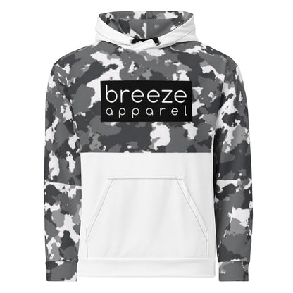 Hoodie with a black-gray-white camouflage pattern on upper half, sleeves and hood interior, with a white  pocket, black drawstrings tucked inside, and a 'breeze apparel' logo consisting of white wording set in a black rectangle across the chest. Behind pocket and on outside of hood is white.