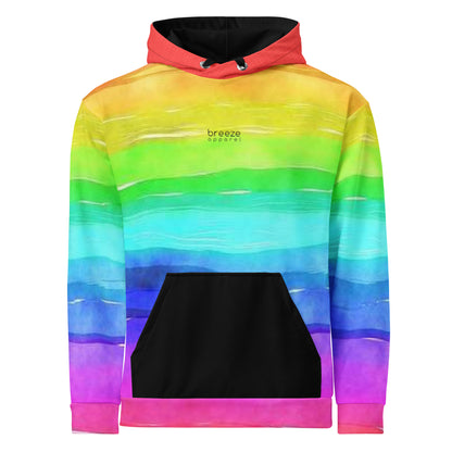 Hoodie with rainbow color scheme resembling watercolor.