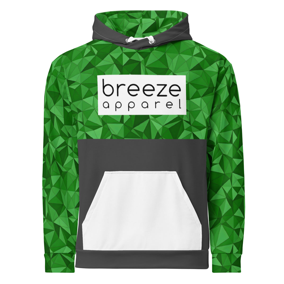 Hoodie with green geometric pattern on hood interior, top half, and sleeves. Rest is gray, except for pocket, which is white. Chest is overlaid with white logo with black lettering inside.