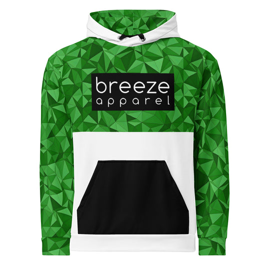 Hoodie with green geometric pattern on hood interior, top half, and sleeves. Rest is white, except for pocket, which is black. Chest is overlaid with black logo with white lettering inside.