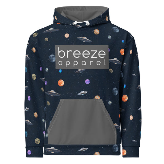 Hoodie with pattern of UFOs and planets in space. Chest is overlaid with gray, rectangular logo with white lettering; hood interior and pocket are gray.