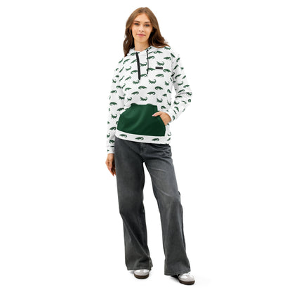 White sweatshirt with pattern of green alligators. Pocket is green, drawstrings are black.