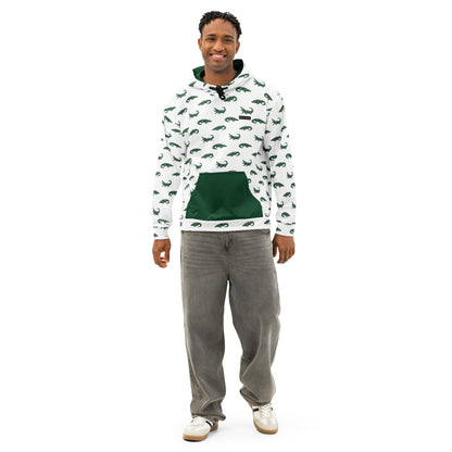 Man wearing white sweatshirt with pattern of green alligators. Hood interior and pocket are green, drawstrings are black.