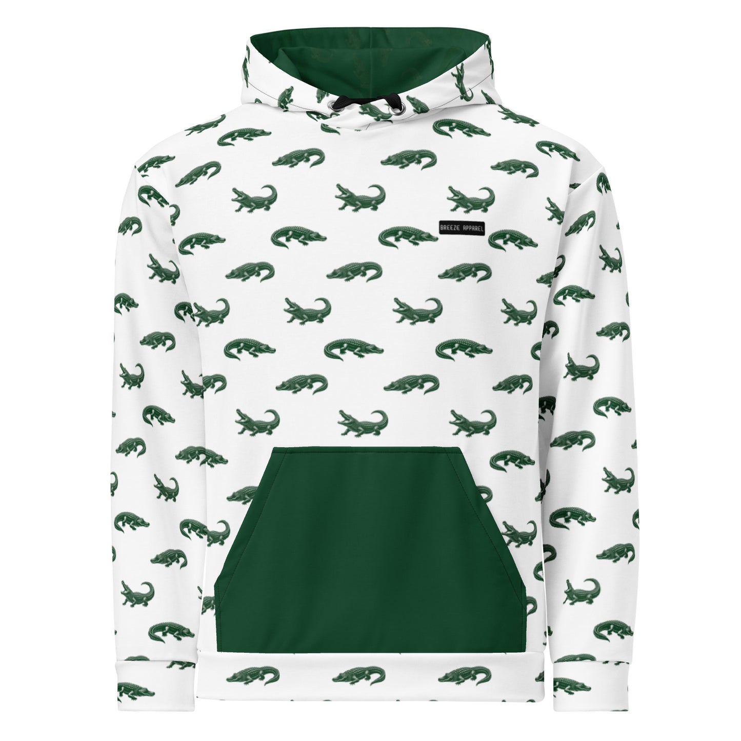 White sweatshirt with pattern of green alligators. Hood interior and pocket are green.
