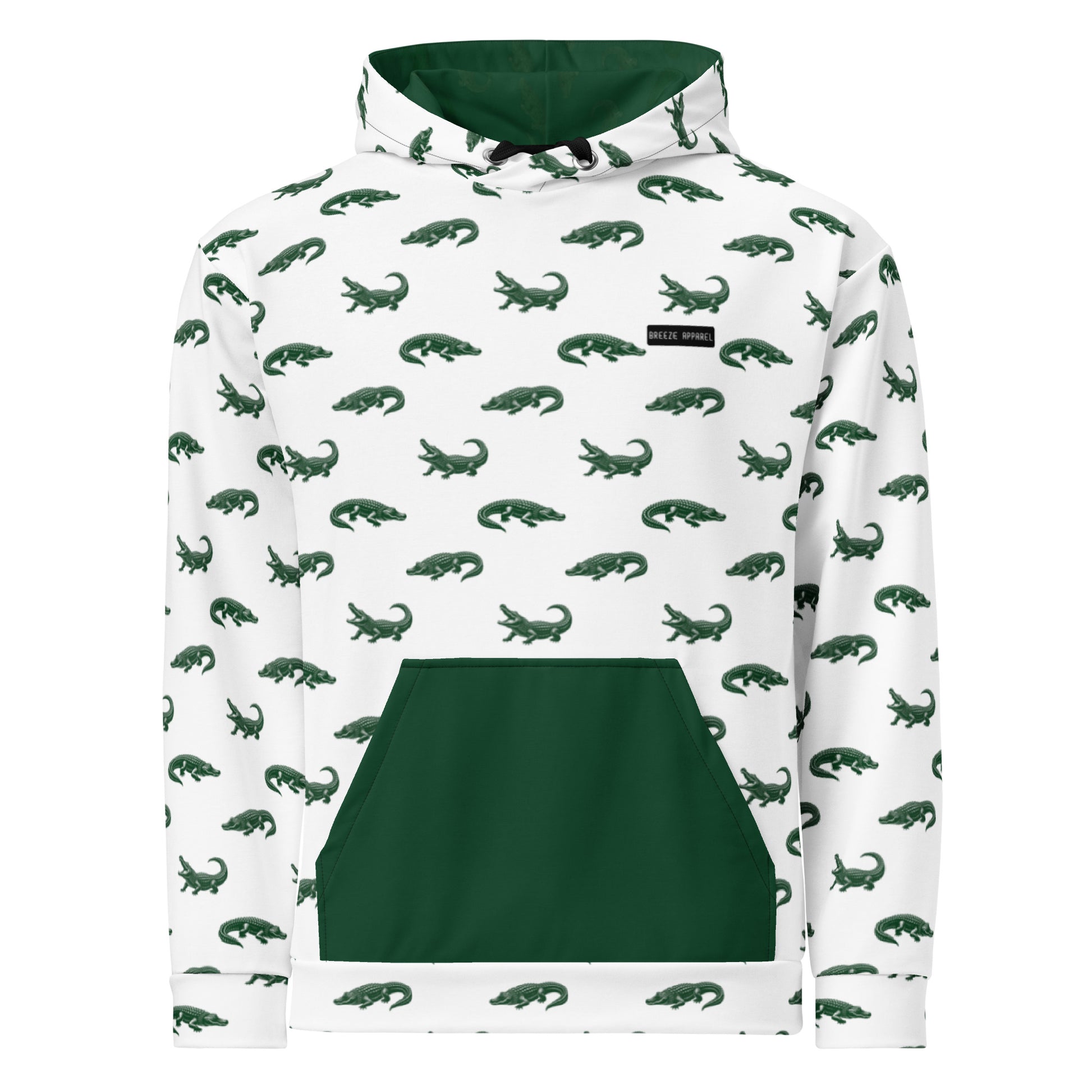 White sweatshirt with pattern of green alligators. Hood interior and pocket are green.