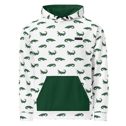 White sweatshirt with pattern of green alligators. Hood interior and pocket are green.
