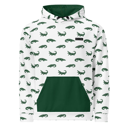 White sweatshirt with pattern of green alligators. Hood interior and pocket are green.