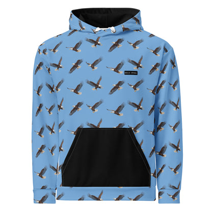 Blue hoodie with pattern of bald eagles.