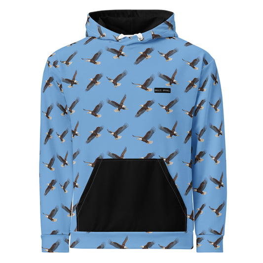 Blue hoodie with pattern of bald eagles.