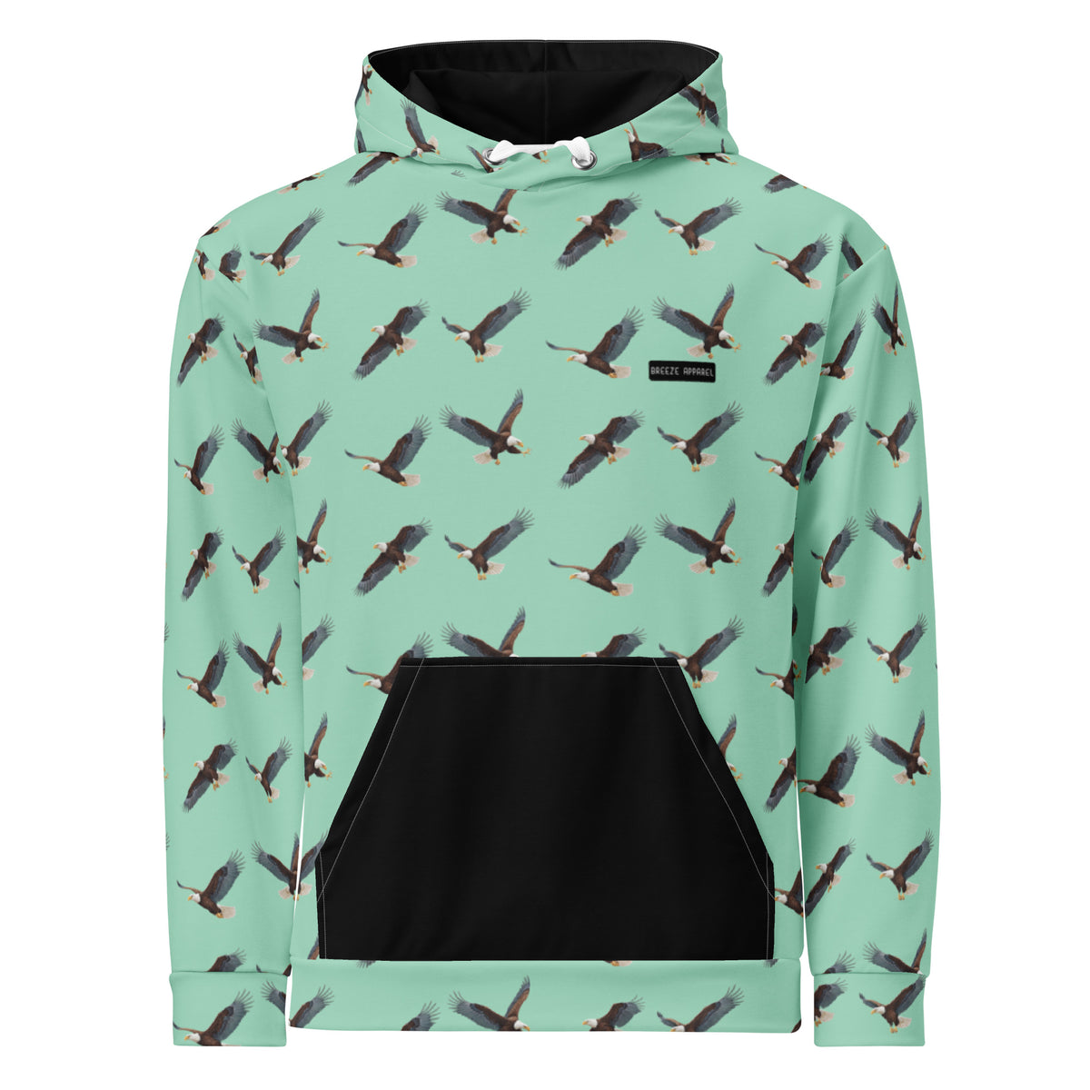 Green hoodie with pattern of bald eagles.