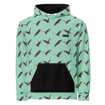 Green hoodie with pattern of bald eagles.