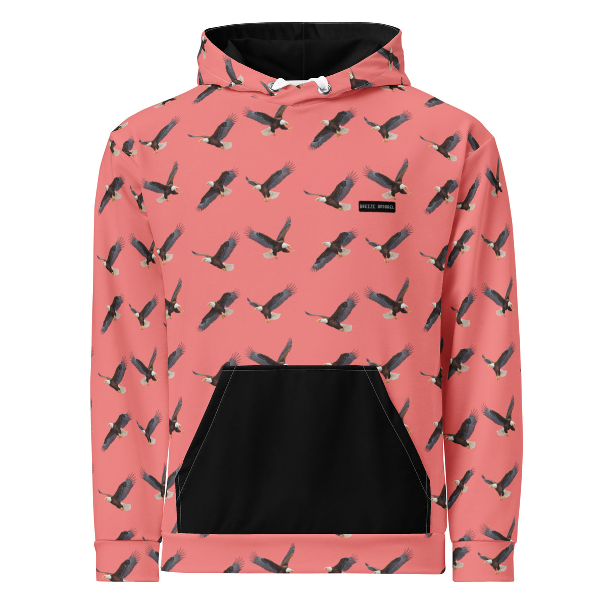 Red hoodie with pattern of bald eagles.