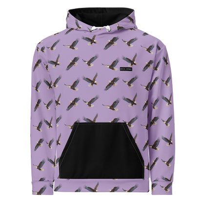 Purple hoodie with pattern of bald eagles.