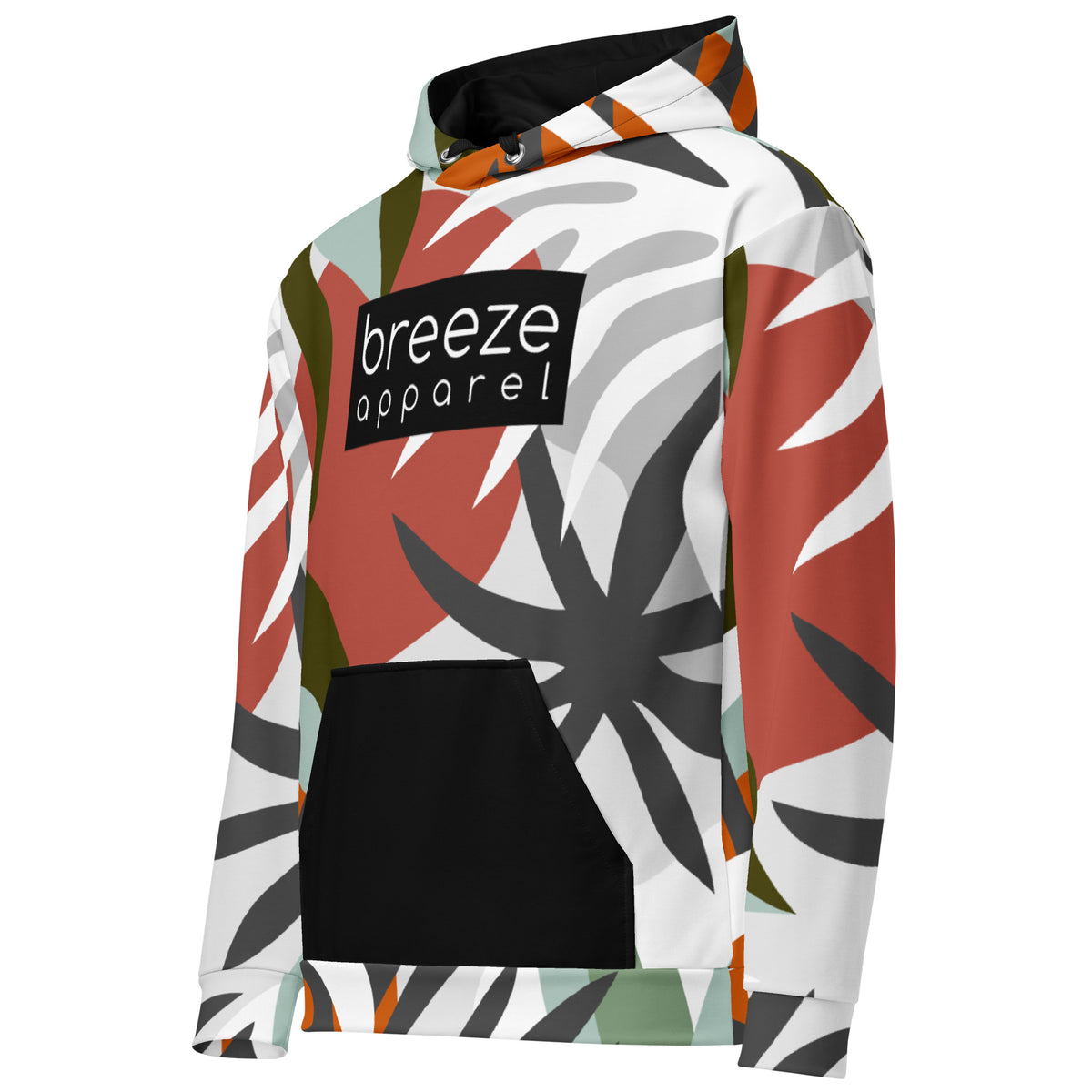 Hoodie with a red, black, green, orange, and white floral-geometric design, with a black pocket, black drawstrings tucked inside, and a 'breeze apparel' logo  consisting of white wording set in a black rectangle across the chest.