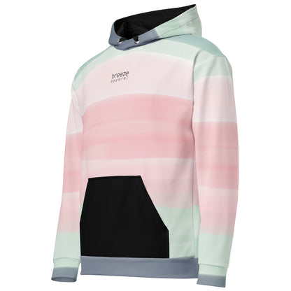 Hoodie with colors light pastel green, shades of pink, and gray in stripes, a black pocket, and 'breeze apparel' written in small text on chest.
