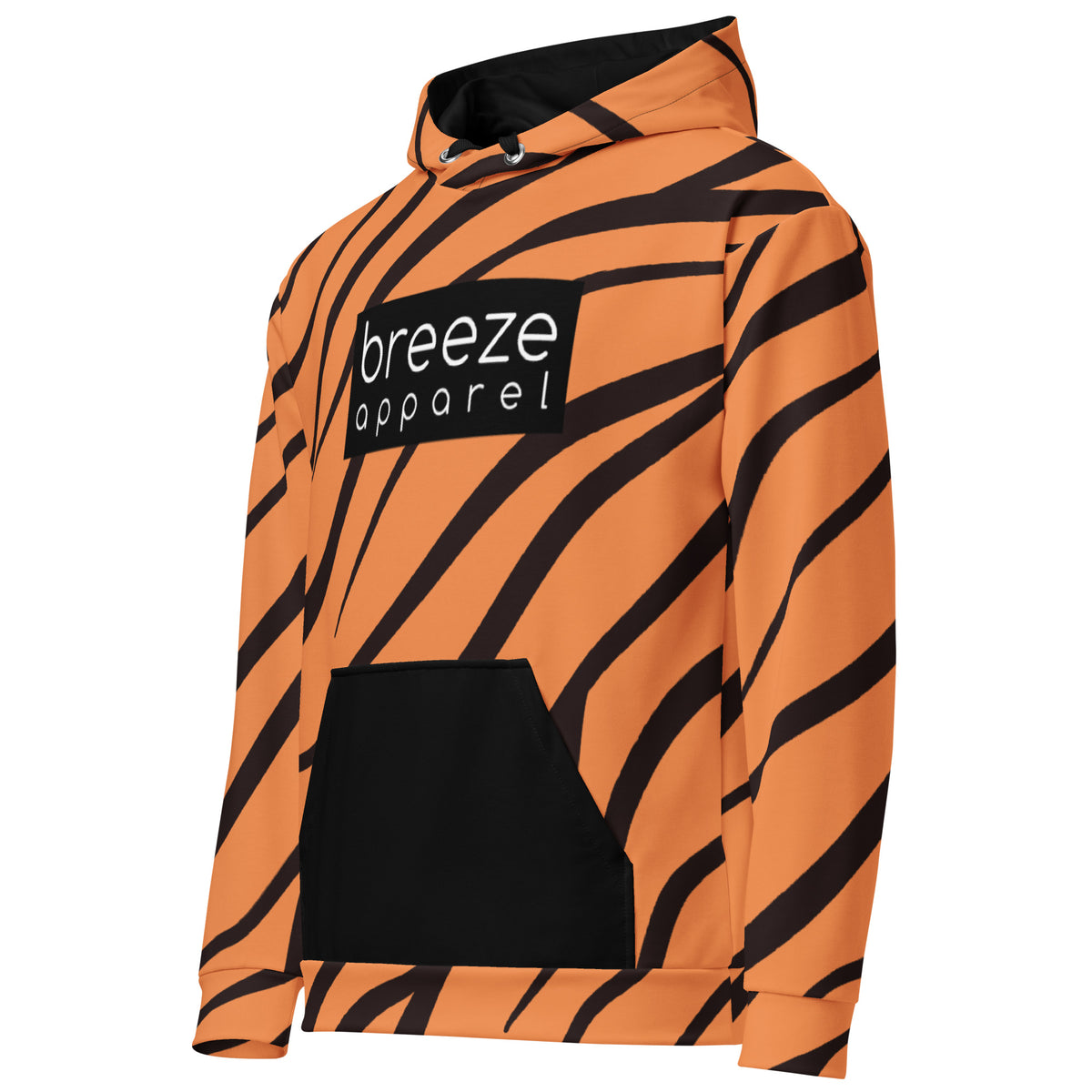 Hoodie with a tiger-fur design, with a black pocket, black drawstrings, and a 'breeze apparel' logo consisting of white wording set in a black rectangle across the chest.
