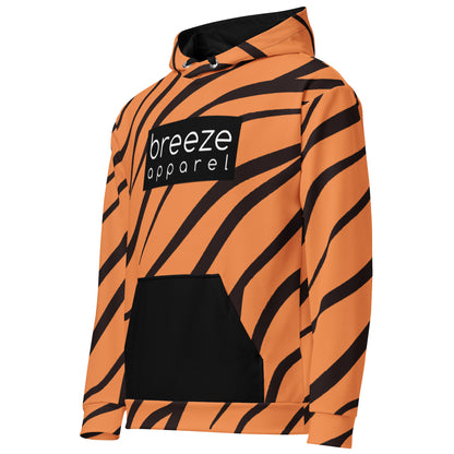 Hoodie with a tiger-fur design, with a black pocket, black drawstrings, and a 'breeze apparel' logo consisting of white wording set in a black rectangle across the chest.