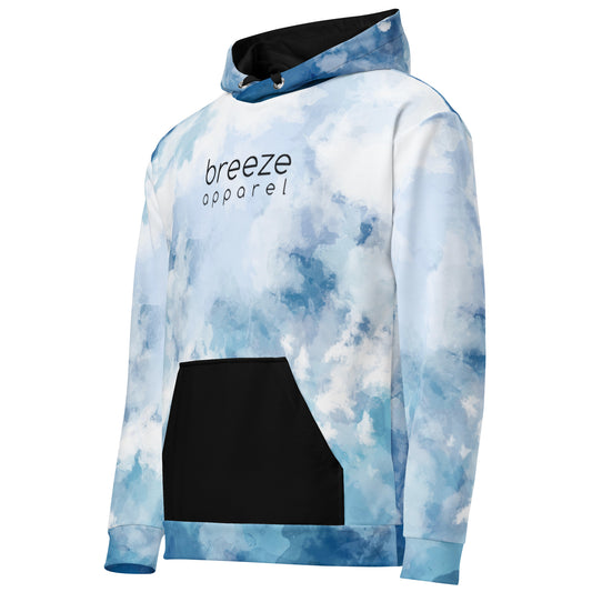 Hoodie with a blue watercolor-style design, black pocket, black drawstrings, and a black 'breeze apparel' logo on the chest.