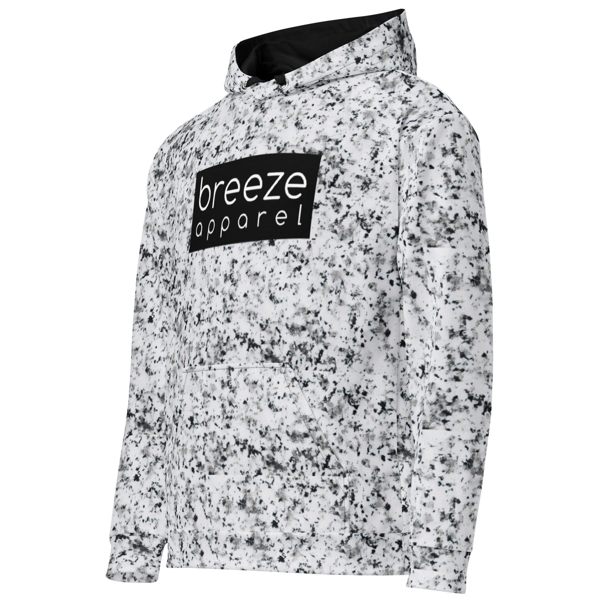 White hoodie with black splotches, resembling a marble countertop. Across the chest is a black rectangle with 'breeze apparel' written in white. Drawstrings and hood interior are black.