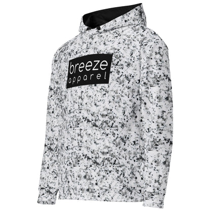White hoodie with black splotches, resembling a marble countertop. Across the chest is a black rectangle with 'breeze apparel' written in white. Drawstrings and hood interior are black.