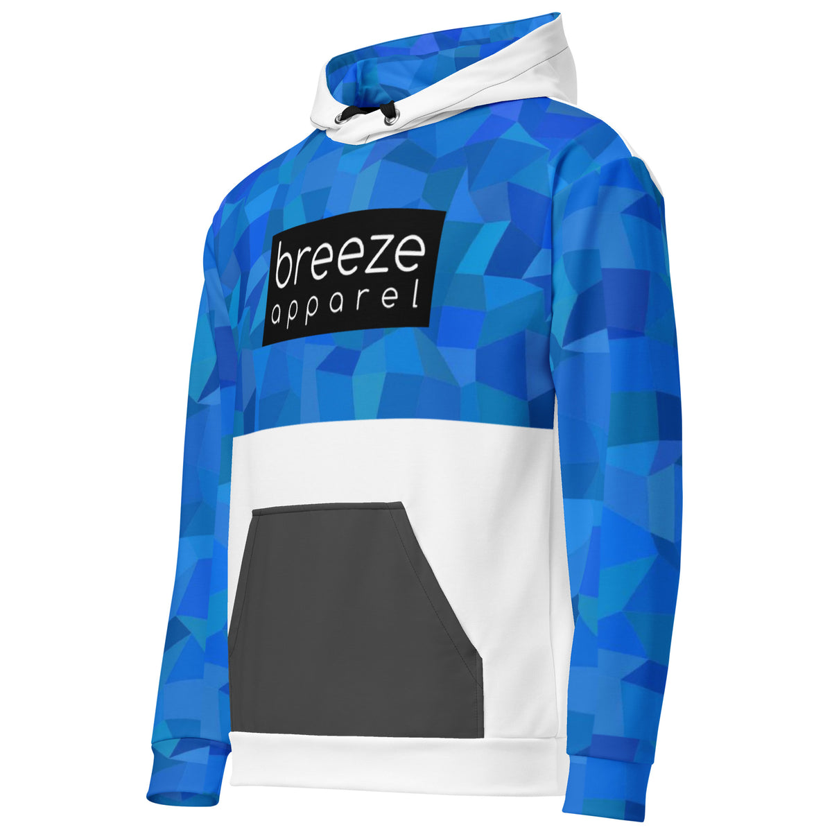 Hoodie with blue geometric pattern on top half, hood interior, and sleeves, a black box with 'breeze apparel' in white inside across chest, a dark-gray pocket. Drawstrings are black, while hood and bottom half are white.