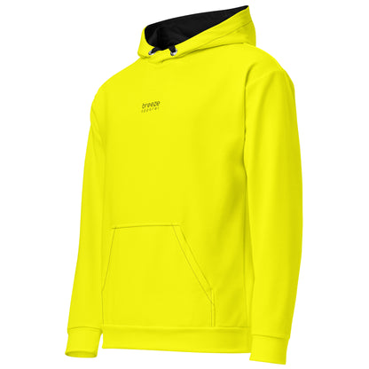 Front of yellow hoodie. On the chest is 'breeze apparel' written in small, black font. Hood interior and drawstrings are black.