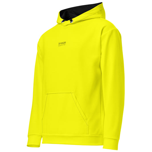 Front of yellow hoodie. On the chest is 'breeze apparel' written in small, black font. Hood interior and drawstrings are black.
