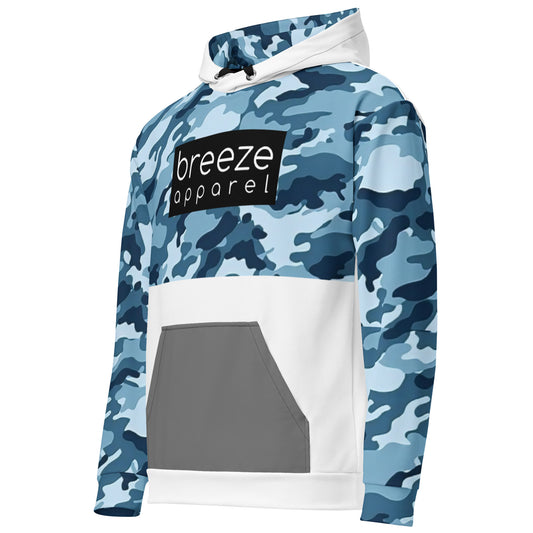 Hoodie with a navy-blue camouflage pattern on upper half, sleeves and hood interior, with a gray pocket, black drawstrings tucked inside, and a 'breeze apparel' logo consisting of white wording set in a black rectangle across the chest. Behind pocket and on outside of hood is white.